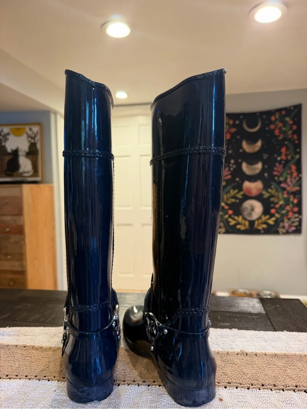 Michael Kors Glossy Navy Knee-High Rain Boots with MK Emblem